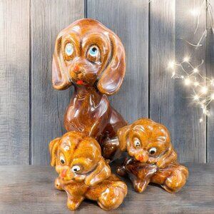 Vintage RedWare Pottery Dog Family Set 3 Made In Japan Figurines Decorative VTG